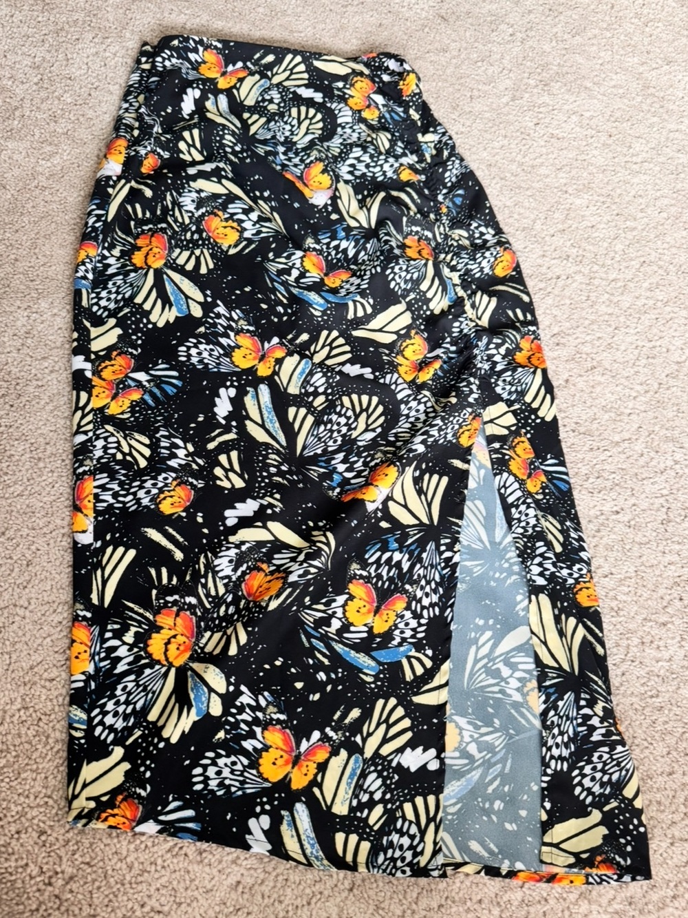 AREA Black Pencil Midi Skirt with Black & Orange Butterfly Print